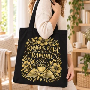 Medvilninis krepšys „Knygos, kava ir ramybė“